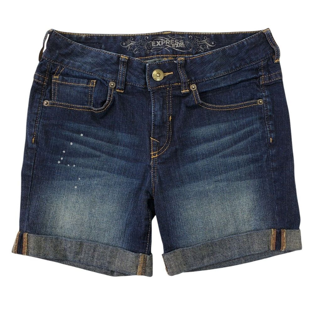 Express Womens‎ Size 00 Distressed Denim Shorts 5.5" Inseam Rolled Cuff Mid Rise